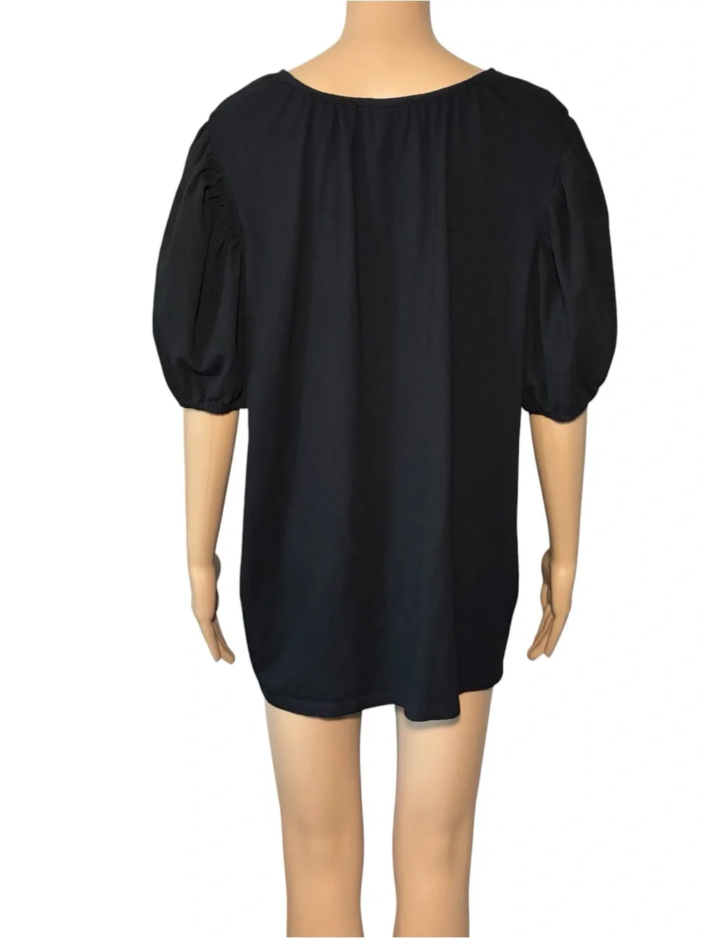 Style & Co Women's Tunic Blouse 3X Black Keyhole Tie Puff Sleeve Cotton Blend